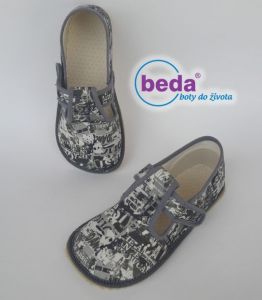 Beda barefoot - bačkorky suchý zip - šedé s nápisy | 25, 28, 29, 31, 35