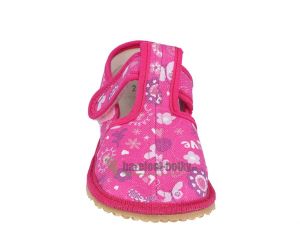 Beda barefoot - užší bačkorky suchý zip - růžové s motýlky zepředu