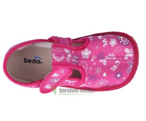 Beda barefoot - užší bačkorky suchý zip - růžové s motýlky shora