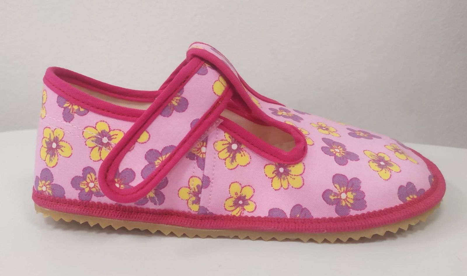 Beda barefoot - papučky suchý zips ružové - kvietky