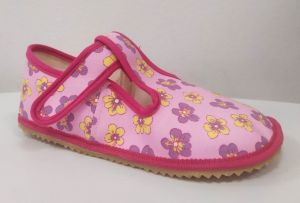 Beda barefoot - papučky suchý zips ružové - kvietky