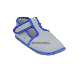 Béda barefoot - užšej bačkorky suchý zips - šedej s modrým lemovaním Beda barefoot